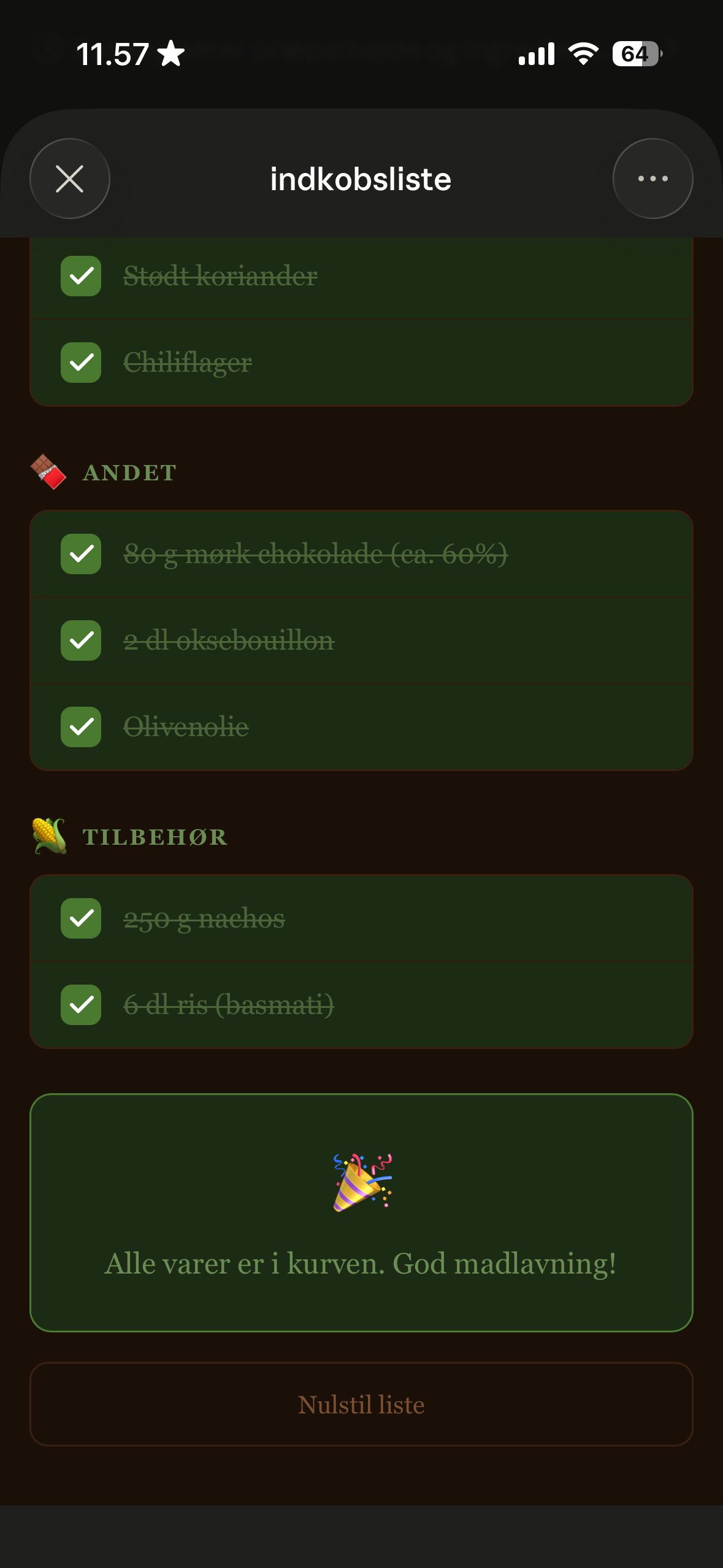 Alle varer krydset af med konfetti-fejring